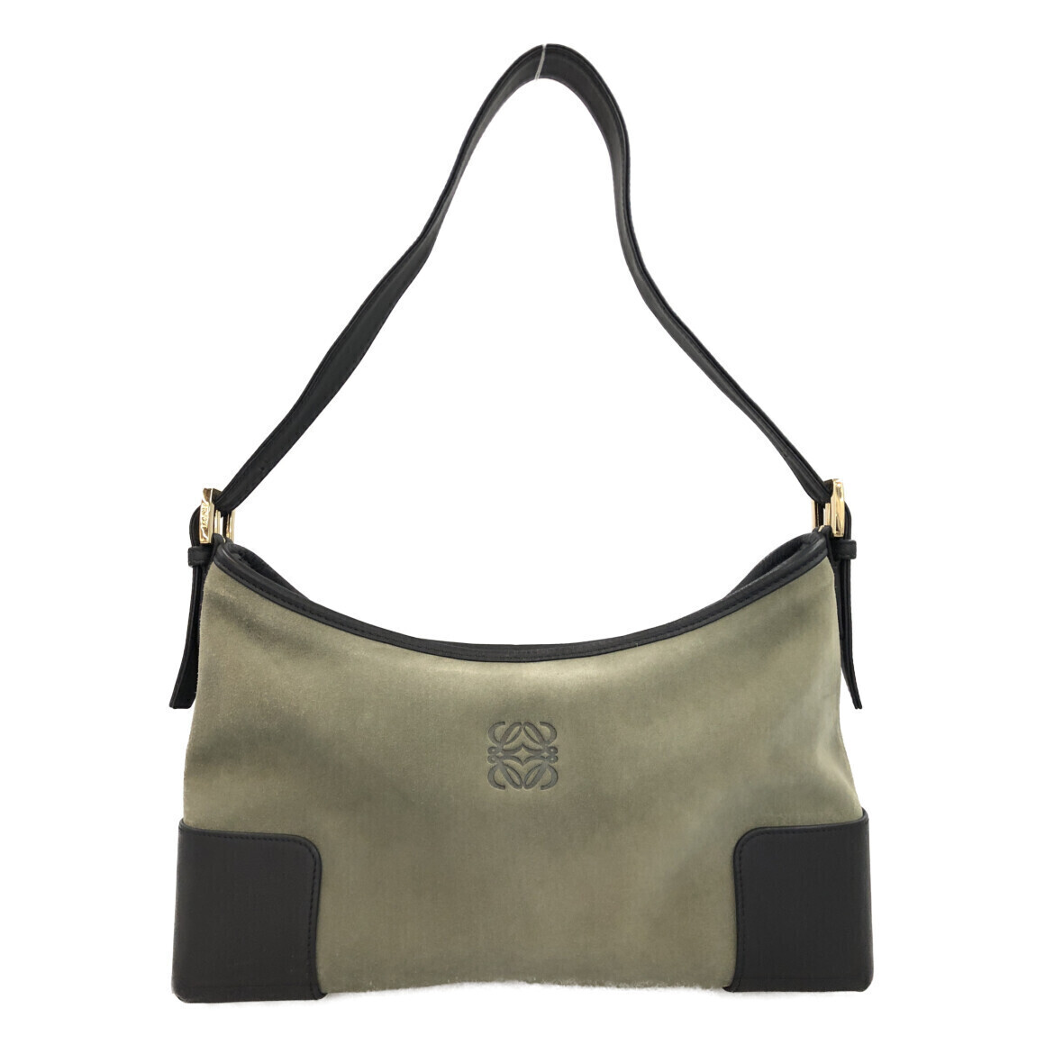Loewe Anagram Shoulder Bag Made Of Olive Green Suede With Black Leather